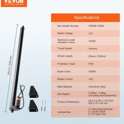 VEVOR Linear Actuator 12V, 20 Inch High Speed 0.55"/s Linear Actuator, 220lbs/1000N Linear Motion Actuator with Mounting Bracket and IP54 Protection