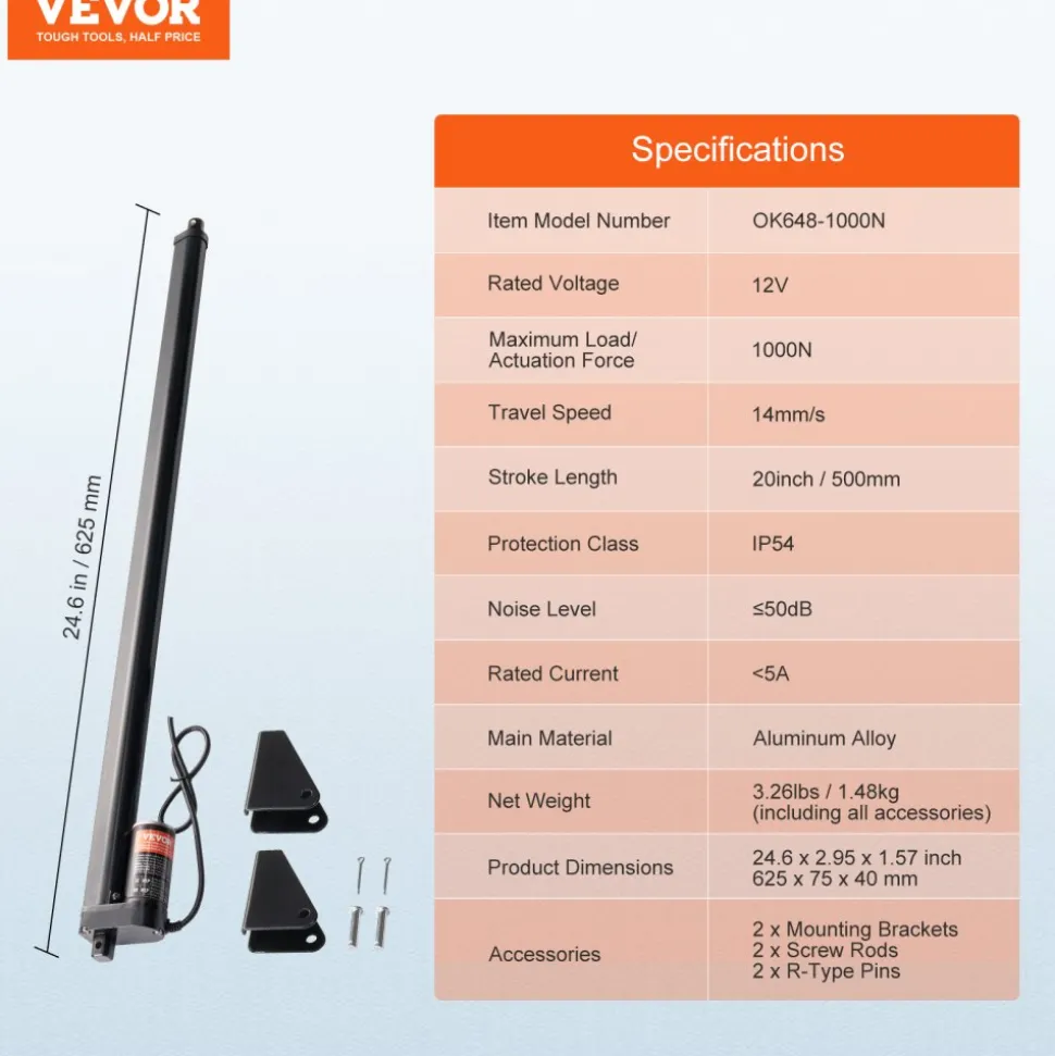 VEVOR Linear Actuator 12V, 20 Inch High Speed 0.55"/s Linear Actuator, 220lbs/1000N Linear Motion Actuator with Mounting Bracket and IP54 Protection