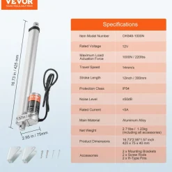 VEVOR Linear Actuator 12V, 12 Inch High Speed 0.55"/s Linear Actuator, 220lbs/1000N Linear Motion Actuator with Mounting Bracket and IP54 Protection