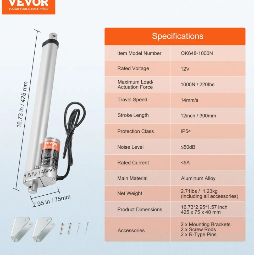 VEVOR Linear Actuator 12V, 12 Inch High Speed 0.55"/s Linear Actuator, 220lbs/1000N Linear Motion Actuator with Mounting Bracket and IP54 Protection