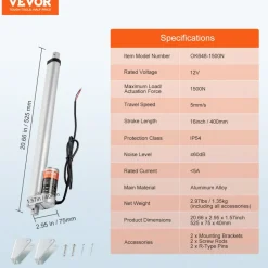 VEVOR Linear Actuator 12V, 16 Inch High Load 330lbs/1500N Linear Actuator, 0.19"/s Linear Motion Actuator with Mounting Bracket and IP54 Protection