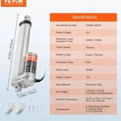 VEVOR Linear Actuator 12V, 6 Inch High Speed 0.55"/s Linear Actuator, 220lbs/1000N Linear Motion Actuator with Mounting Bracket and IP54 Protection