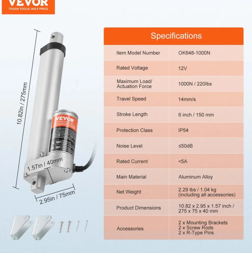 VEVOR Linear Actuator 12V, 6 Inch High Speed 0.55"/s Linear Actuator, 220lbs/1000N Linear Motion Actuator with Mounting Bracket and IP54 Protection