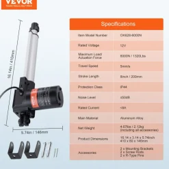 VEVOR Linear Actuator 12V, 8 Inch Heavy Duty 1320lbs/6000N Linear Actuator, 0.19"/s Linear Motion Actuator with Mounting Bracket & IP44 Protection for Electric Door Industrial Machinery Vessels Cargo