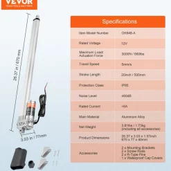 VEVOR Linear Actuator 12V, 20 Inch Waterproof IP65 Linear Actuator, 660lbs/3000N 0.19"/s Linear Motion Actuator with Mounting Bracket for Outdoor Use