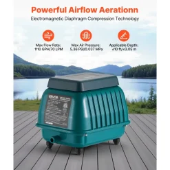 VEVOR Linear Air Pump, 1110 GPH Air Flow, Septic Aerator Pump, Aeration System for 10 ft Deep Ponds, Fit for Septic Tanks, Aquariums, Waste Treatment, Seafood Restaurants, Fish Farms, Hydroponics