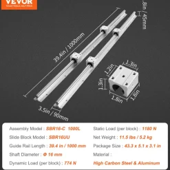 VEVOR Linear Guide Rail Set, SBR16 1000mm, 2 PCS 39.4 in/1000 mm SBR16 Guide Rails and 4 PCS SBR16UU Slide Blocks, Linear Rails and Bearings Kit for Automated Machines DIY Project CNC Router Machines