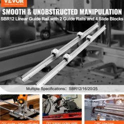 VEVOR Linear Guide Rail Set, SBR12 1000mm, 2 PCS 39.4 in/1000 mm SBR12 Guide Rails and 4 PCS SBR12UU Slide Blocks, Linear Rails and Bearings Kit for Automated Machines DIY Project CNC Router Machines