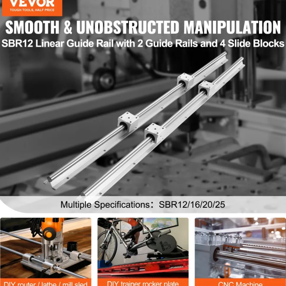 VEVOR Linear Guide Rail Set, SBR12 1000mm, 2 PCS 39.4 in/1000 mm SBR12 Guide Rails and 4 PCS SBR12UU Slide Blocks, Linear Rails and Bearings Kit for Automated Machines DIY Project CNC Router Machines