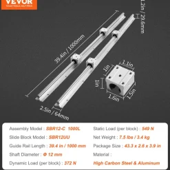 VEVOR Linear Guide Rail Set, SBR12 1000mm, 2 PCS 39.4 in/1000 mm SBR12 Guide Rails and 4 PCS SBR12UU Slide Blocks, Linear Rails and Bearings Kit for Automated Machines DIY Project CNC Router Machines