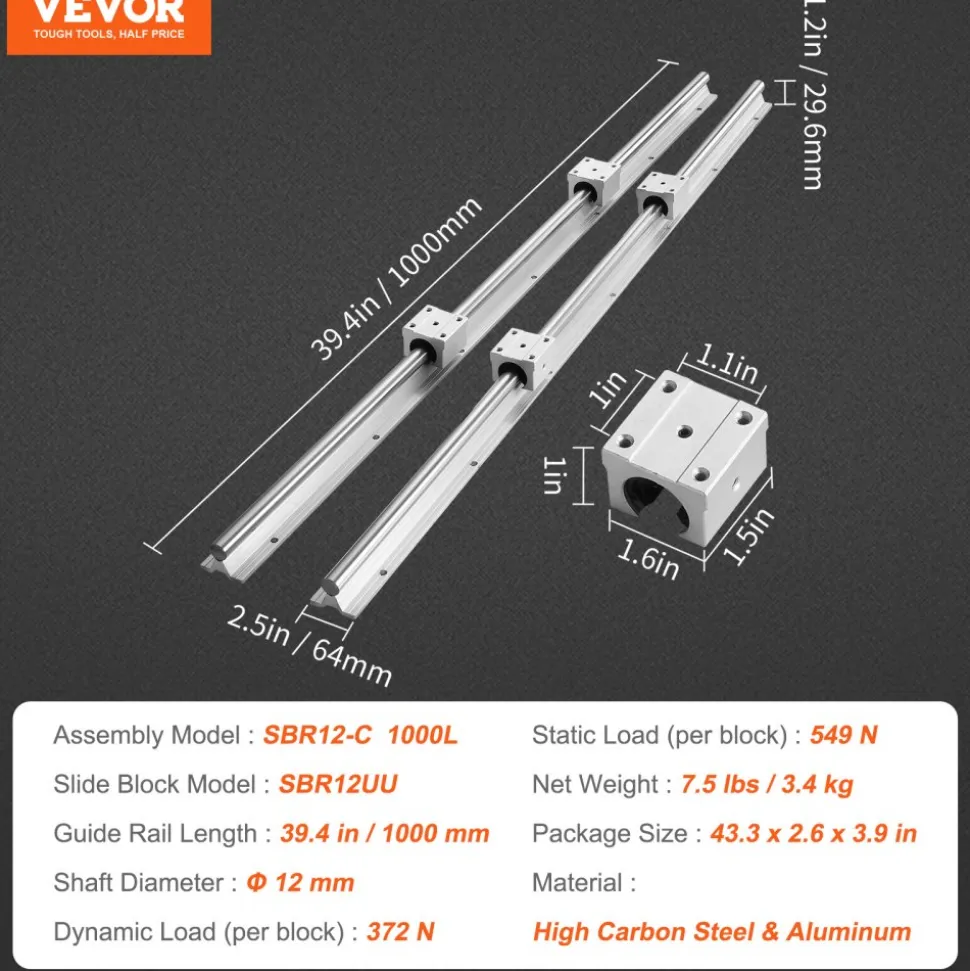 VEVOR Linear Guide Rail Set, SBR12 1000mm, 2 PCS 39.4 in/1000 mm SBR12 Guide Rails and 4 PCS SBR12UU Slide Blocks, Linear Rails and Bearings Kit for Automated Machines DIY Project CNC Router Machines