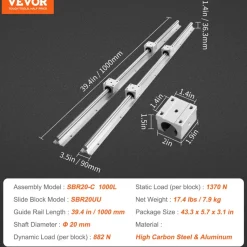 VEVOR Linear Guide Rail Set, SBR20 1000mm, 2 PCS 39.4 in/1000 mm SBR20 Guide Rails and 4 PCS SBR20UU Slide Blocks, Linear Rails and Bearings Kit for Automated Machines DIY Project CNC Router Machines