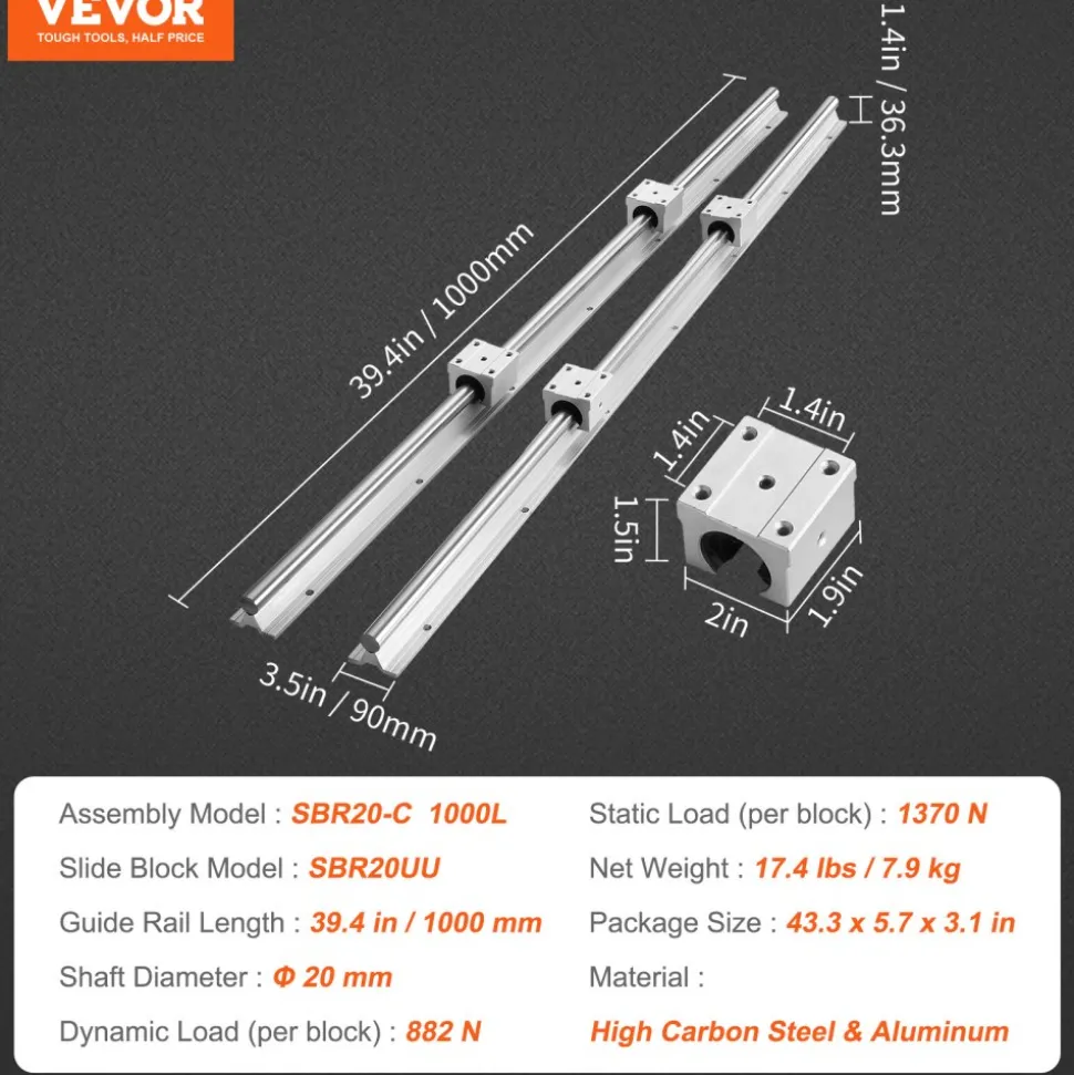 VEVOR Linear Guide Rail Set, SBR20 1000mm, 2 PCS 39.4 in/1000 mm SBR20 Guide Rails and 4 PCS SBR20UU Slide Blocks, Linear Rails and Bearings Kit for Automated Machines DIY Project CNC Router Machines