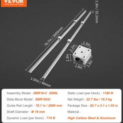 VEVOR Linear Guide Rail Set, SBR16 2000mm, 2 PCS 78.7 in/2000 mm SBR16 Guide Rails and 4 PCS SBR16UU Slide Blocks, Linear Rails and Bearings Kit for Automated Machines DIY Project CNC Router Machines