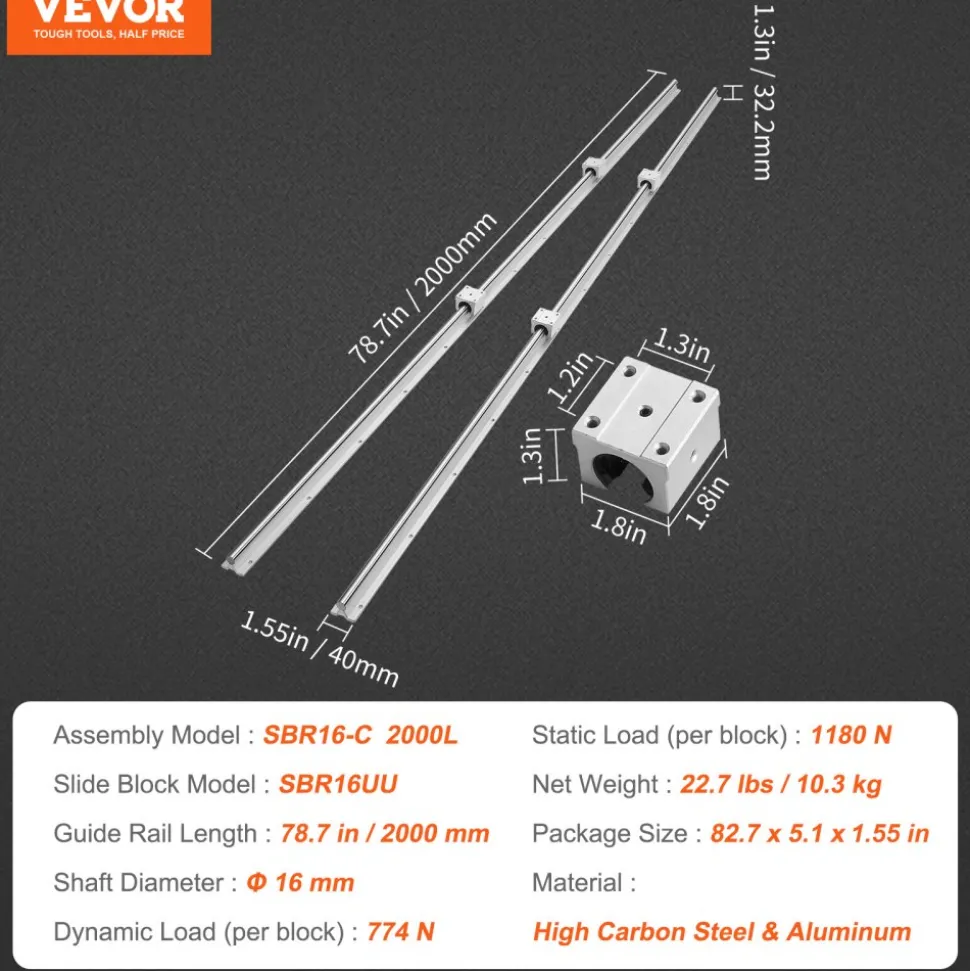 VEVOR Linear Guide Rail Set, SBR16 2000mm, 2 PCS 78.7 in/2000 mm SBR16 Guide Rails and 4 PCS SBR16UU Slide Blocks, Linear Rails and Bearings Kit for Automated Machines DIY Project CNC Router Machines