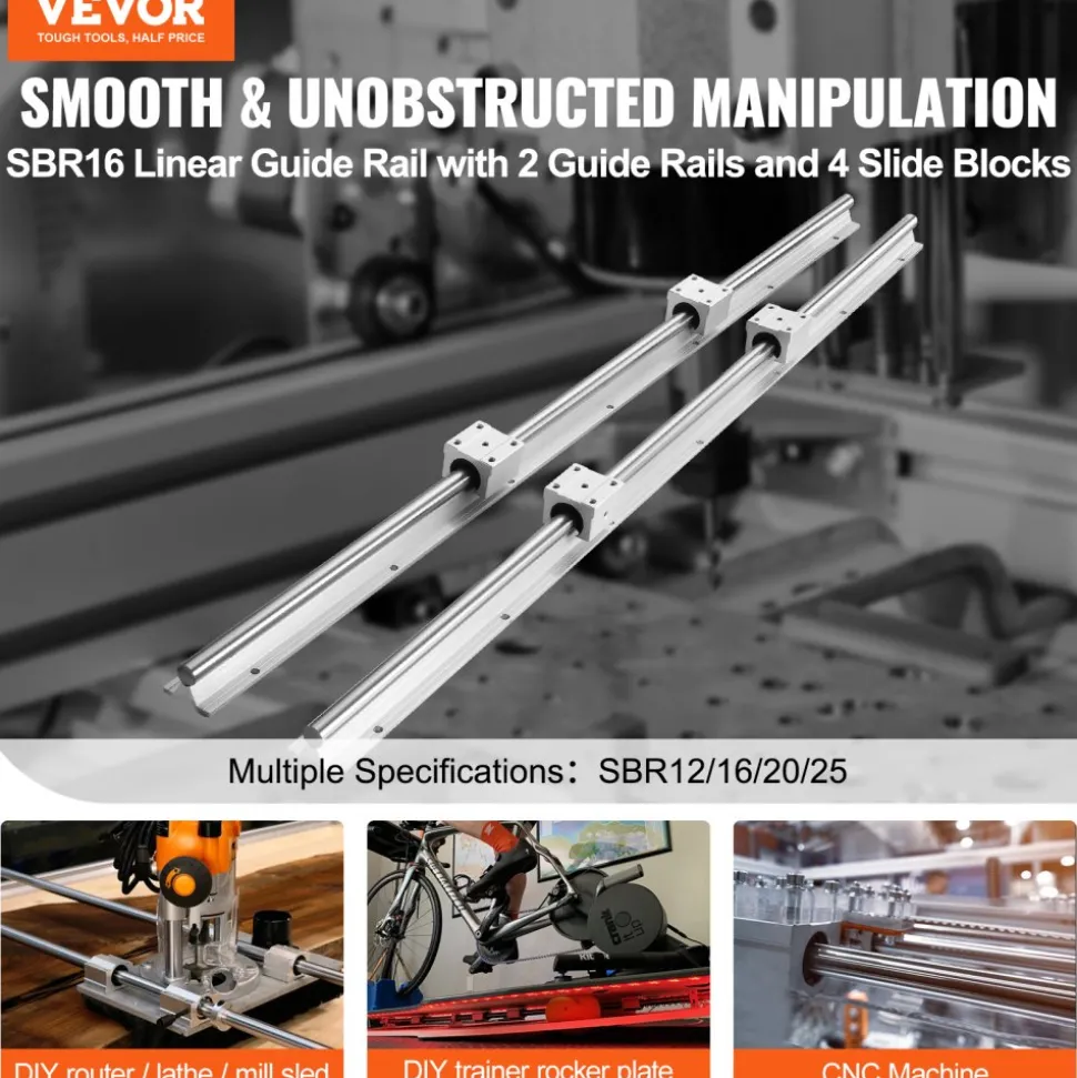 VEVOR Linear Guide Rail Set, SBR16 2000mm, 2 PCS 78.7 in/2000 mm SBR16 Guide Rails and 4 PCS SBR16UU Slide Blocks, Linear Rails and Bearings Kit for Automated Machines DIY Project CNC Router Machines