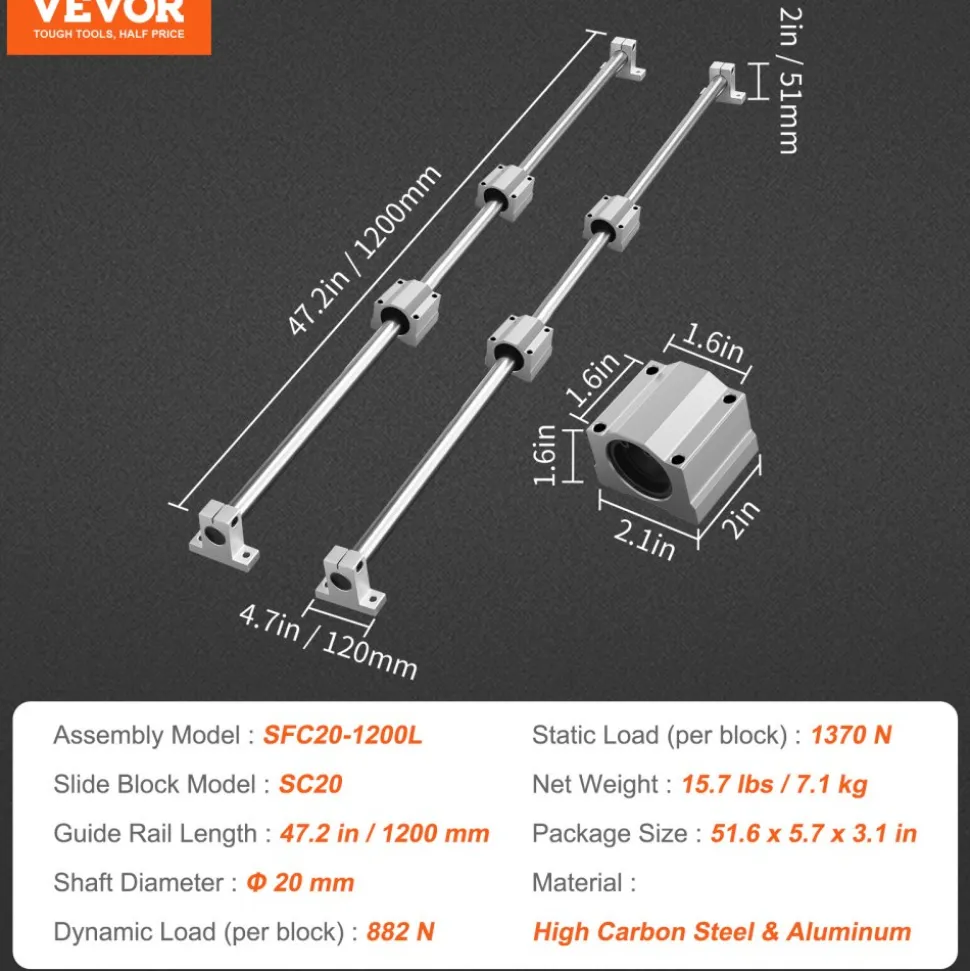 VEVOR Linear Guide Rail Set, SFC20 1200 mm, 2 PCS 47.2 in/1200 mm SFC20 Guide Rails 4 PCS SC20 Slide Blocks 4 PCS Rail Supports, Linear Rails and Bearings Kit for Automated Machines CNC DIY Project