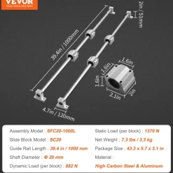 VEVOR Linear Guide Set, SFC20 1000mm, Comes with Two 39.4 in/1000 mm SFC20 Guides, Four SC20 Slide Blocks, and Four Guide Supports for Automated Machinery and CNC Tasks