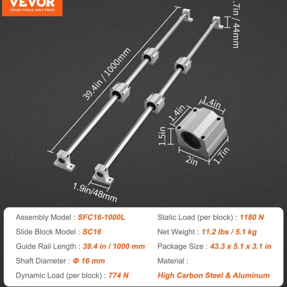VEVOR Linear Motion Kit, SFC16 1000mm, Includes 2 Rails of 39.4 inches, 4 SC16 Carriage Blocks, and 4 Support Brackets, Ideal for CNC and Automation Projects