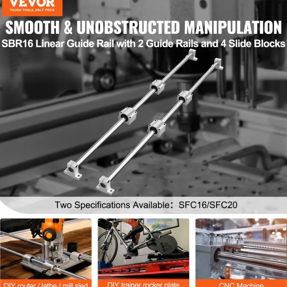 VEVOR Linear Motion Kit, SFC16 1000mm, Includes 2 Rails of 39.4 inches, 4 SC16 Carriage Blocks, and 4 Support Brackets, Ideal for CNC and Automation Projects