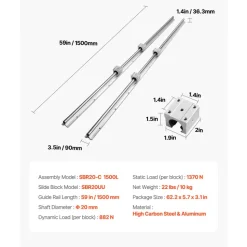 VEVOR Linear Motion Set, SBR20 1500mm, Comes with Two 59 in/1500 mm SBR20 Rails & Four SBR20UU Blocks, Ideal for DIY CNC and Automation Tasks