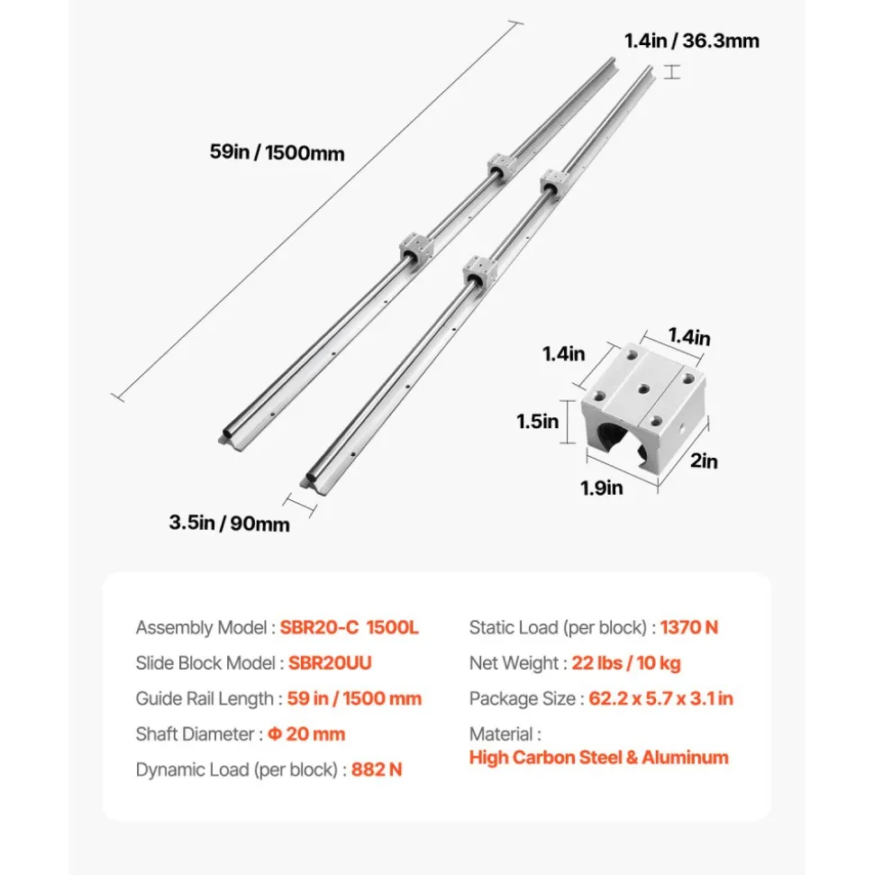 VEVOR Linear Motion Set, SBR20 1500mm, Comes with Two 59 in/1500 mm SBR20 Rails & Four SBR20UU Blocks, Ideal for DIY CNC and Automation Tasks