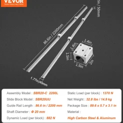 VEVOR Linear Motion Set, SBR20 2200mm, Comes with Two 86.6-inch SBR20 Rails & Four SBR20UU Blocks, Ideal for DIY CNC & Automated Projects