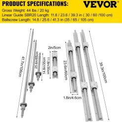 VEVOR Linear Rail, Ballscrew x 3, RM1605-350mm 650mm 1050mm x 2 Linear Rail Support, 12 CNC Kit Linear Shaft Optical Axis