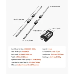 VEVOR Linear Rail Guide Kit, HGR20, 2Pcs 1000 mm (39.4 inch) Linear Motion Rails and 4Pcs Bearing Slide Blocks, Anti Rust and High Precision Kit, for DIY, CNC Routers, Lathes, Mills, 3D Printers