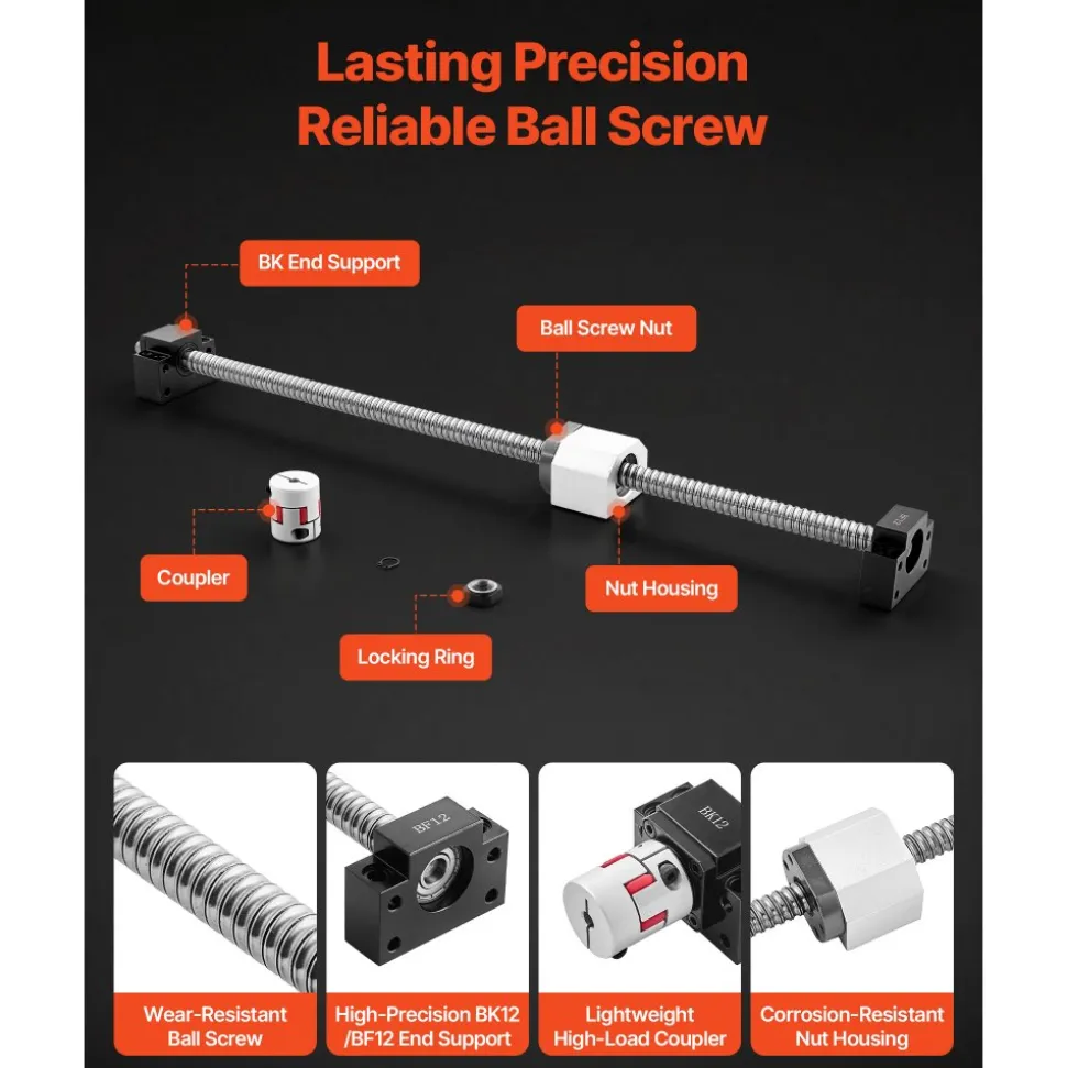 VEVOR Linear Rail Guide Kit, HGR20, 2PCS 600 mm (23.62 inch) Linear Rails and 1PCS Ball Screw, 4PCS Slide Blocks, with BF12/BK12 End Support, Coupling, and Nut Housing, for DIY CNC Routers Lathes