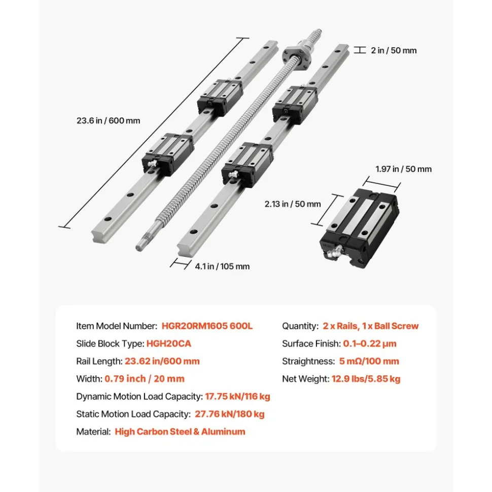 VEVOR Linear Rail Guide Kit, HGR20, 2PCS 600 mm (23.62 inch) Linear Rails and 1PCS Ball Screw, 4PCS Slide Blocks, with BF12/BK12 End Support, Coupling, and Nut Housing, for DIY CNC Routers Lathes