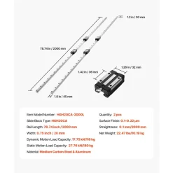VEVOR Linear Rail Guide Kit, HGR20, 2Pcs 2000 mm (78.74 inch) Linear Motion Rails and 4Pcs Bearing Slide Blocks, Anti Rust and High Precision Kit, for DIY, CNC Routers, Lathes, Mills, 3D Printers