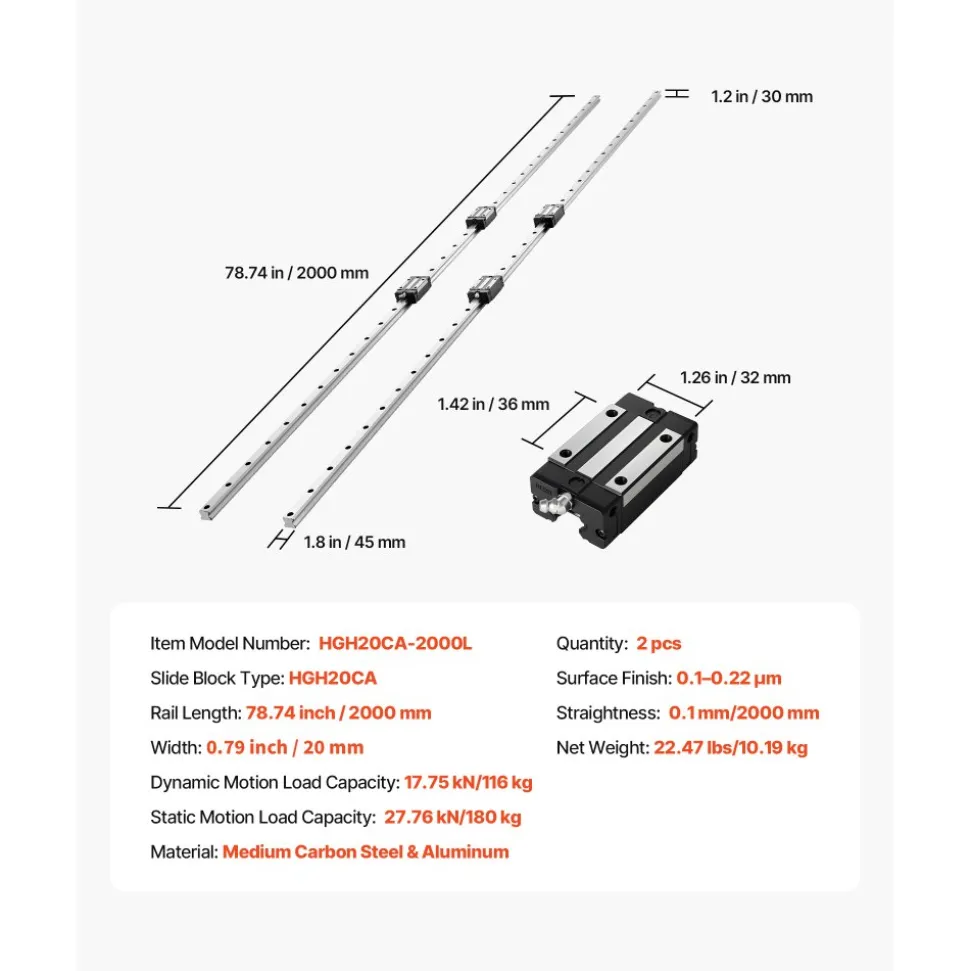 VEVOR Linear Rail Guide Kit, HGR20, 2Pcs 2000 mm (78.74 inch) Linear Motion Rails and 4Pcs Bearing Slide Blocks, Anti Rust and High Precision Kit, for DIY, CNC Routers, Lathes, Mills, 3D Printers