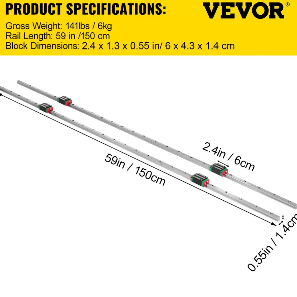 VEVOR Linear Rail HSR15-1500mm? 2pcs Linear Guideway Rail?4X Square Type Carriage Bearing Blocks?Linear Rail Support for 15mm Slotted Bearings