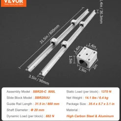 VEVOR Linear Rail Kit, SBR20 800mm, Includes 2 PCS 31.5 in SBR20 Rails & 4 PCS SBR20UU Blocks, Ideal for CNC Machines, Automation Projects, and DIY Crafts