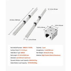 VEVOR Linear Rail Kit, SBR25, 2Pcs 1200 mm (47.24 inch) Linear Motion Guide Rails and 4Pcs Bearing Slide Blocks, Fully Supported Shaft, for Cutting, Grinding, Milling, Drilling Machines, and More