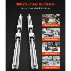 VEVOR Linear Rail Kit, SBR25, 2Pcs 1200 mm (47.24 inch) Linear Motion Guide Rails and 4Pcs Bearing Slide Blocks, Fully Supported Shaft, for Cutting, Grinding, Milling, Drilling Machines, and More