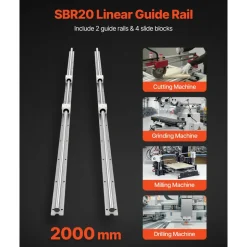 VEVOR Linear Rail Kit, SBR20, 2Pcs 2000 mm (78.74 inch) Linear Motion Guide Rails and 4Pcs Bearing Slide Blocks, Fully Supported Shaft, for Cutting, Grinding, Milling, Drilling Machines, and More
