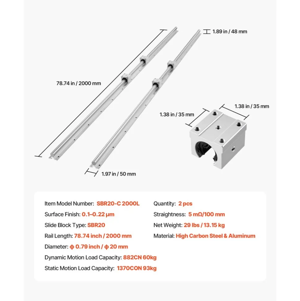 VEVOR Linear Rail Kit, SBR20, 2Pcs 2000 mm (78.74 inch) Linear Motion Guide Rails and 4Pcs Bearing Slide Blocks, Fully Supported Shaft, for Cutting, Grinding, Milling, Drilling Machines, and More