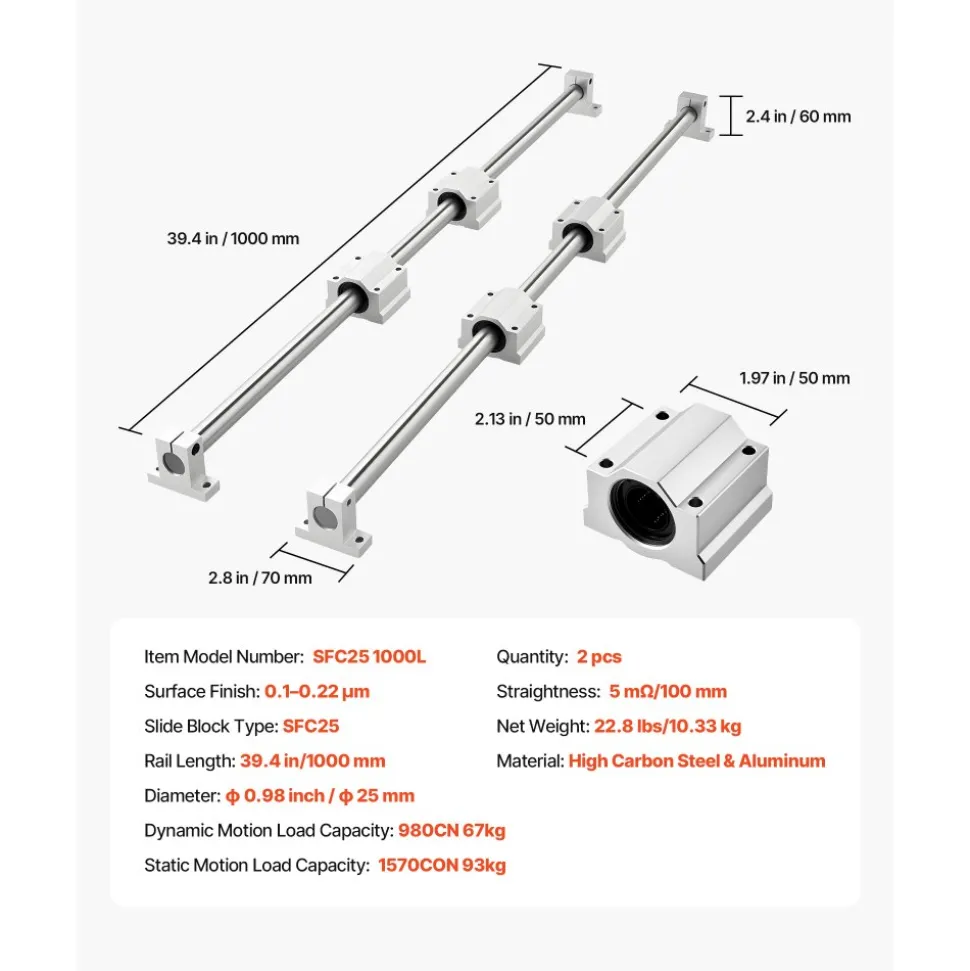 VEVOR Linear Rail Kit, SFC25, 2Pcs 1000 mm (39.4 inch) Linear Motion Guide Rails and 4Pcs Bearing Slide Blocks, for DIY Engraving Machine Lathe Milling Machine Slides, DIY Training Rocker Plate