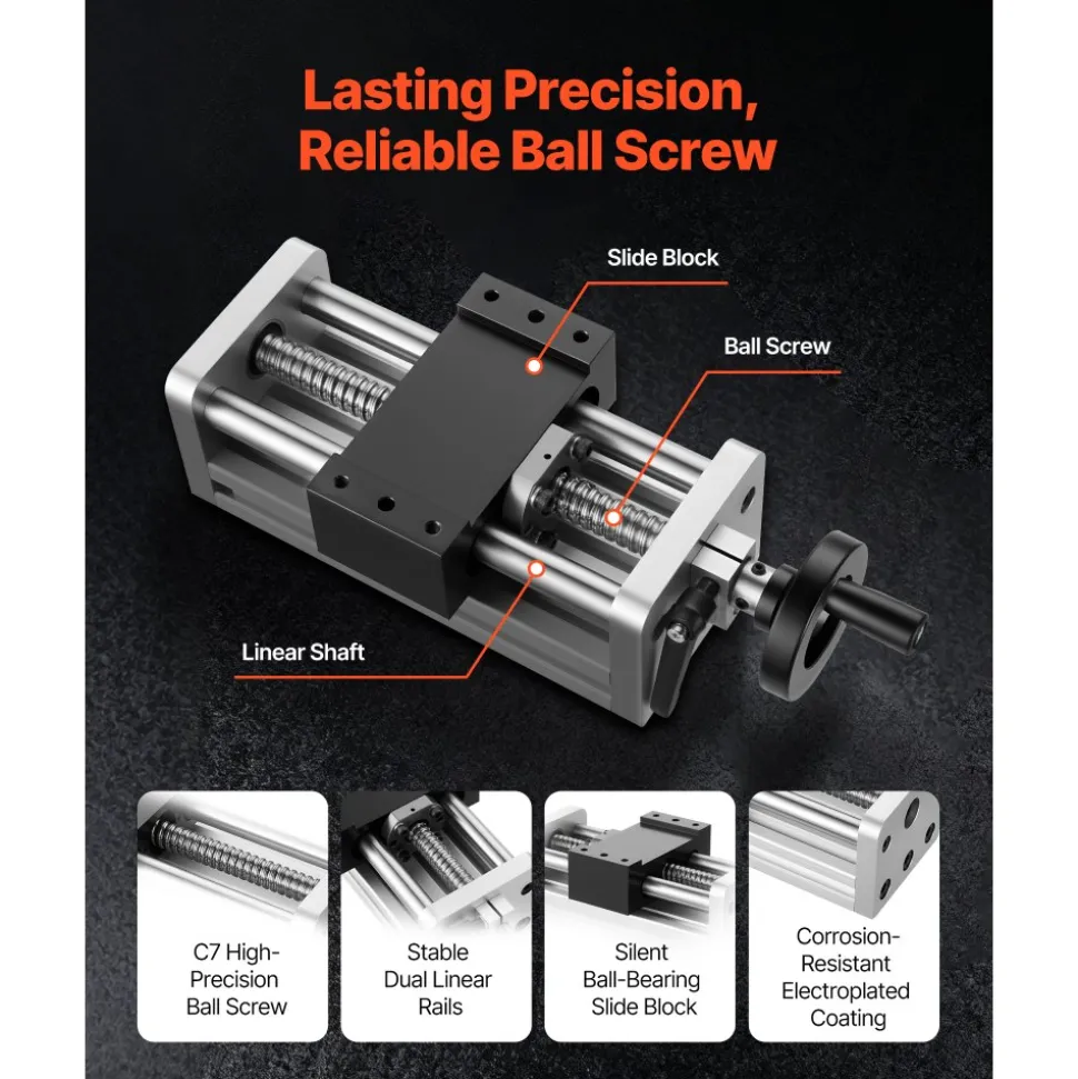 VEVOR Linear Stage Actuator, 100 mm Effective Stroke, Ball Screw CNC Linear Motion Guide Rail, Double Optical Axis, C7 High-Precision, Bearing Slide Block, Manual Handwheel, for CNC Router X Y Z Axis