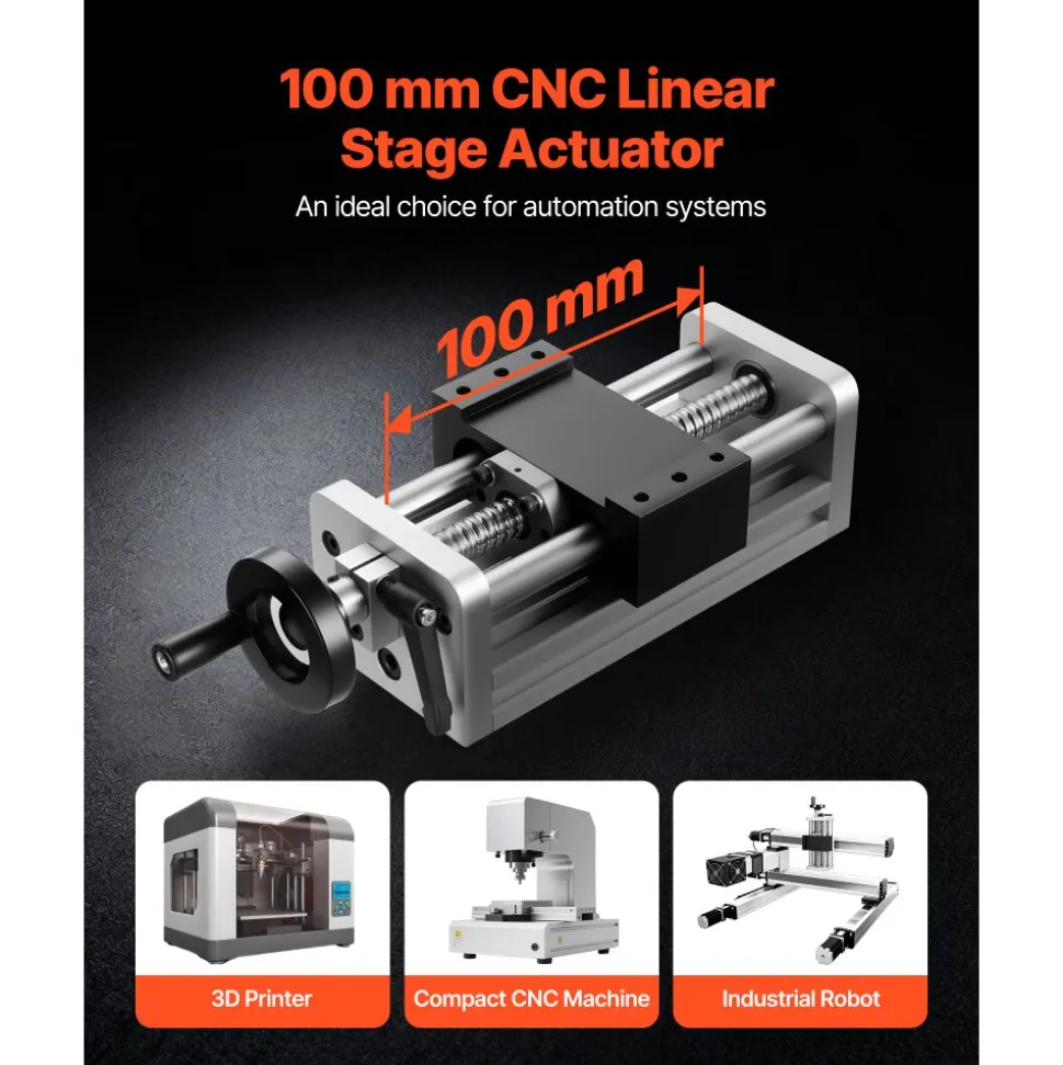 VEVOR Linear Stage Actuator, 100 mm Effective Stroke, Ball Screw CNC Linear Motion Guide Rail, Double Optical Axis, C7 High-Precision, Bearing Slide Block, Manual Handwheel, for CNC Router X Y Z Axis