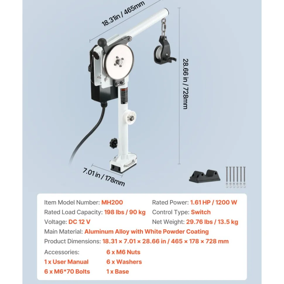 VEVOR Line Hauler Pot Puller, 12V DC 1200W, Line Hauler Winch Holds 198 lbs Lift Capacity, Line Speed of 115 ft/min, 360° Rotation & Corrosion-Resistant, Crab Pot Puller for Crab, Shrimp, Lobster Traps