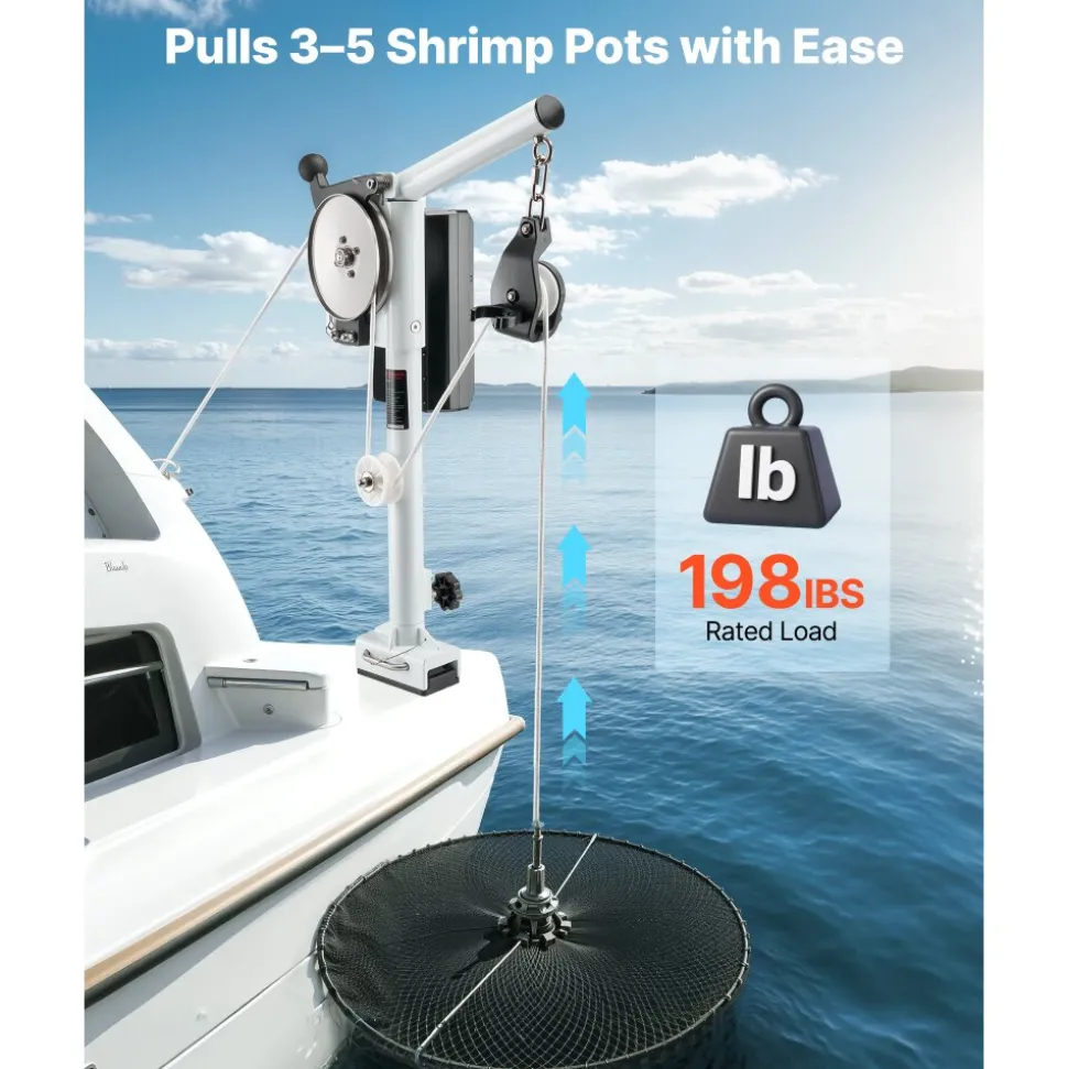 VEVOR Line Hauler Pot Puller, 12V DC 1200W, Line Hauler Winch Holds 198 lbs Lift Capacity, Line Speed of 115 ft/min, 360° Rotation & Corrosion-Resistant, Crab Pot Puller for Crab, Shrimp, Lobster Traps