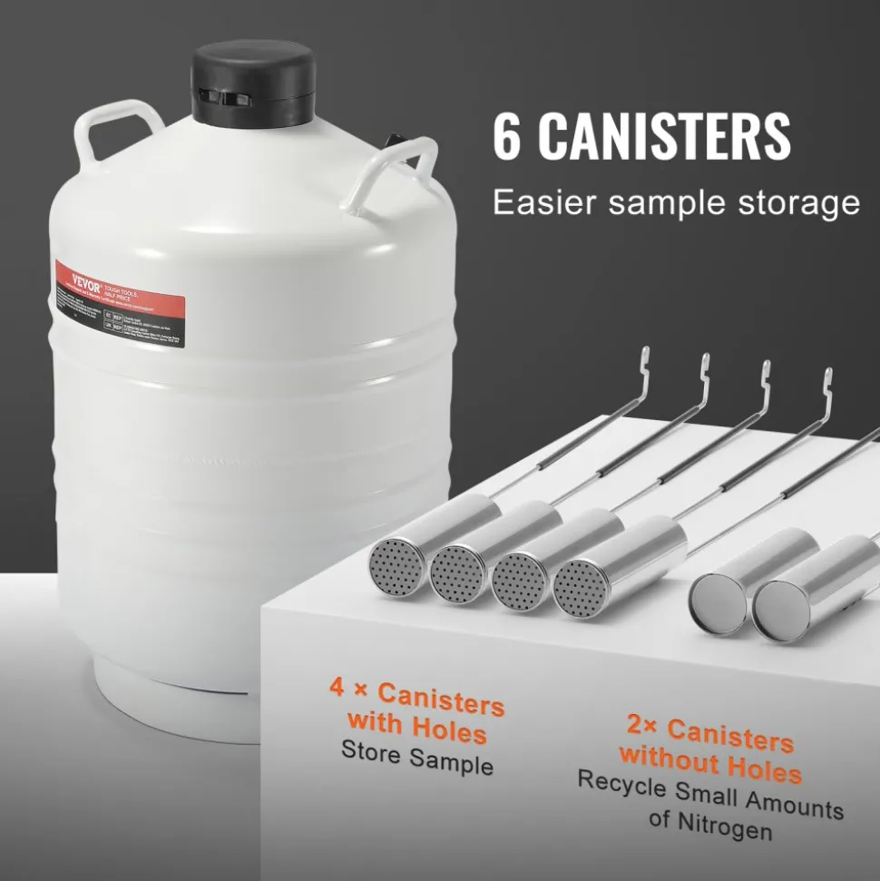 VEVOR Liquid Nitrogen Tank, 30 L Aluminum Alloy Liquid Nitrogen Container, LN2 Tank Dewar with 6 Canisters and Carry Bag with Straps, Cryogenic Tank for Beauty Industry, Semen Preservation, Scientific