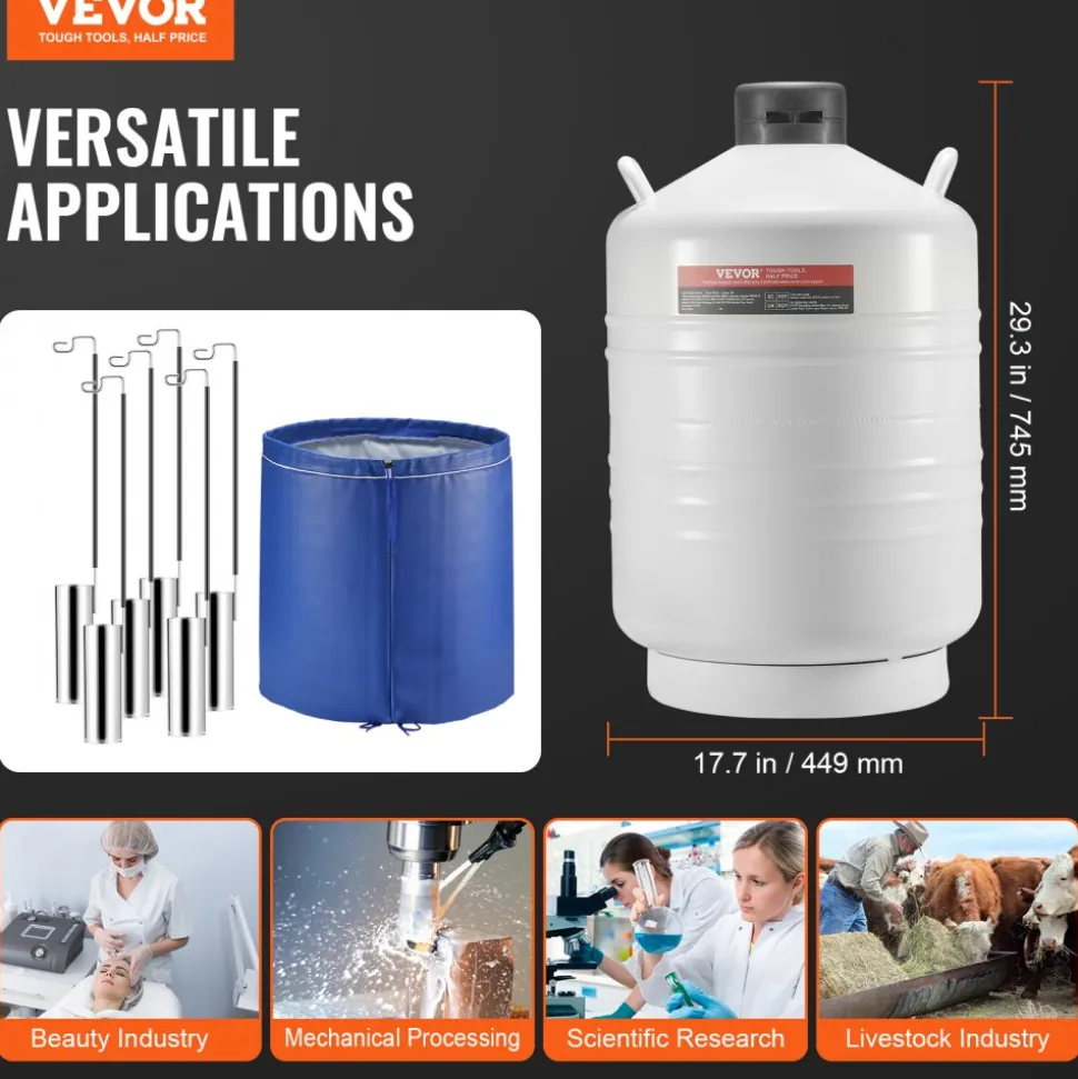 VEVOR Liquid Nitrogen Tank, 30 L Aluminum Alloy Liquid Nitrogen Container, LN2 Tank Dewar with 6 Canisters and Carry Bag with Straps, Cryogenic Tank for Beauty Industry, Semen Preservation, Scientific