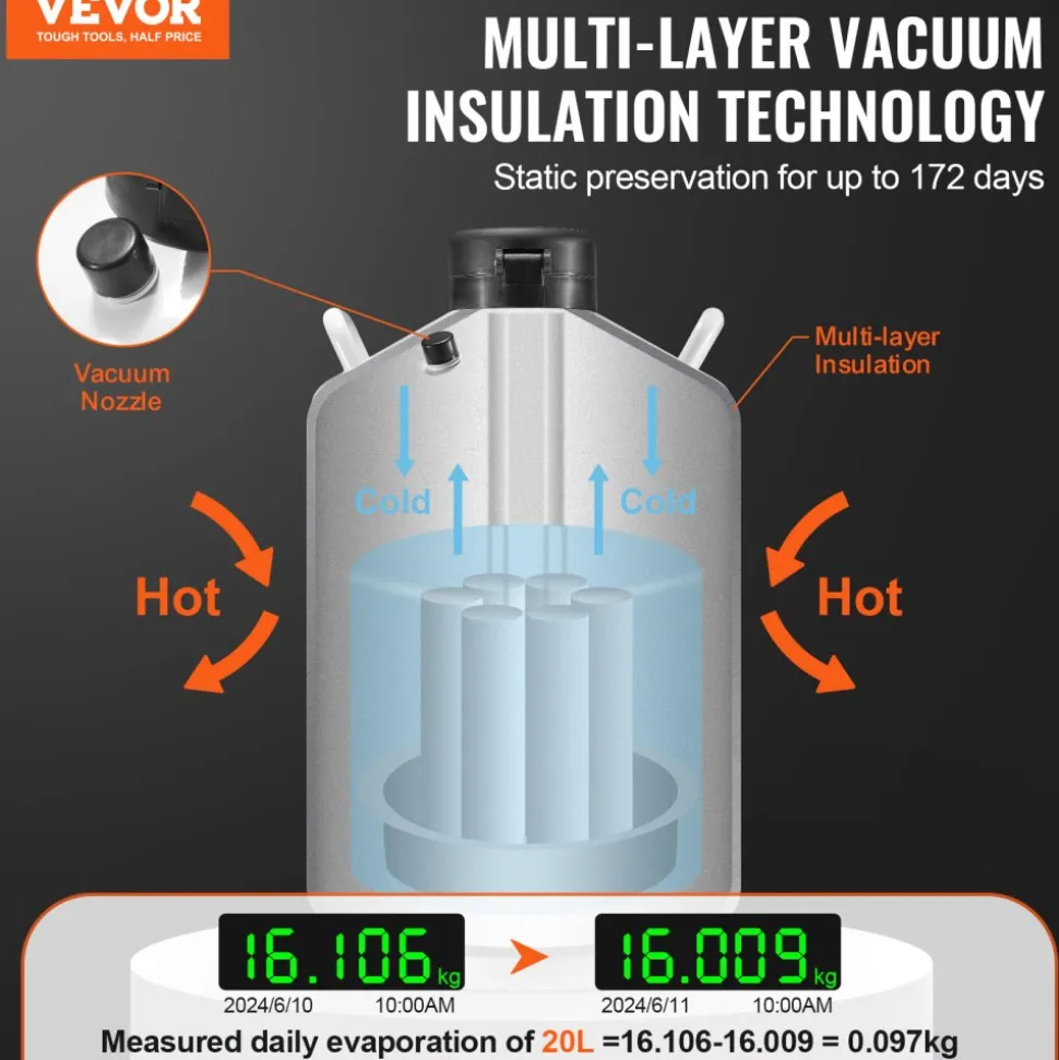 VEVOR Liquid Nitrogen Tank, 20 L Aluminum Alloy Liquid Nitrogen Container, LN2 Tank Dewar with 6 Canisters and Carry Bag with Straps, Cryogenic Tank for Beauty Industry, Semen Preservation, Scientific