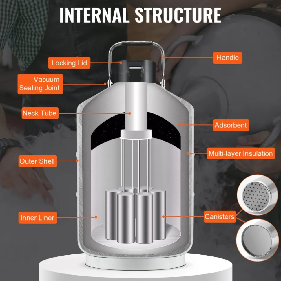 VEVOR Liquid Nitrogen Tank, 10 L Aluminum Alloy Liquid Nitrogen Container, LN2 Tank Dewar with 6 Canisters and Carry Bag with Straps, Cryogenic Tank for Beauty Industry, Semen Preservation, Scientific