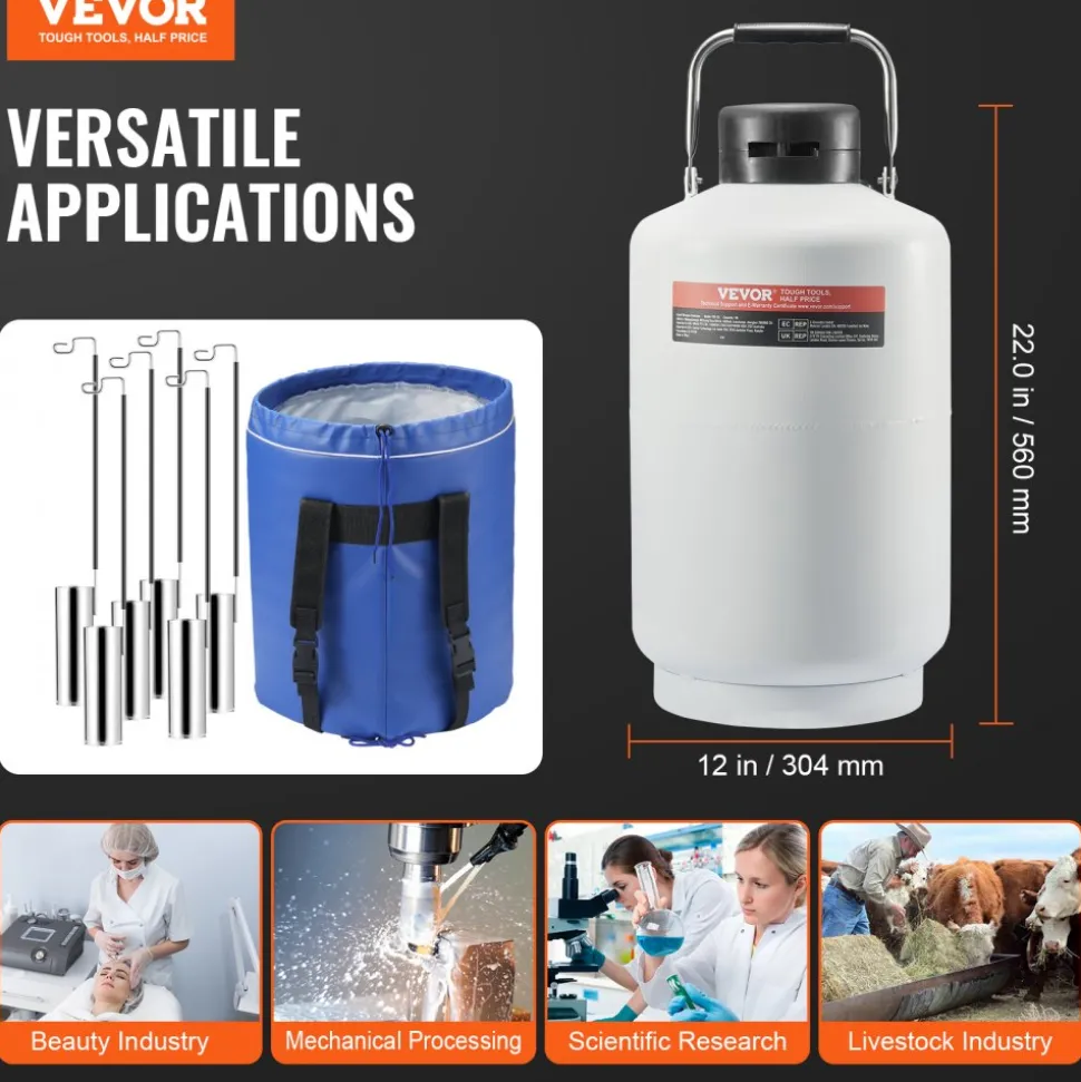 VEVOR Liquid Nitrogen Tank, 10 L Aluminum Alloy Liquid Nitrogen Container, LN2 Tank Dewar with 6 Canisters and Carry Bag with Straps, Cryogenic Tank for Beauty Industry, Semen Preservation, Scientific