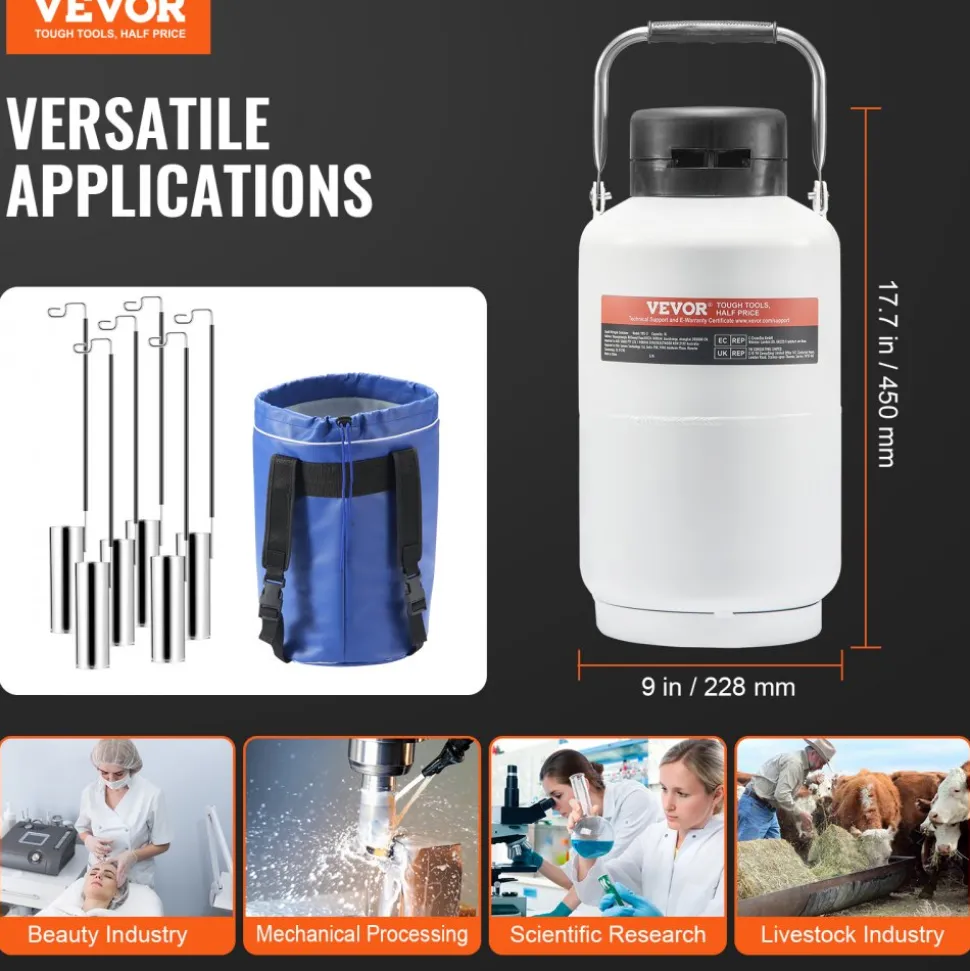 VEVOR Liquid Nitrogen Tank, 3 L Aluminum Alloy Liquid Nitrogen Container, LN2 Tank Dewar with 6 Canisters and Carry Bag with Straps, Cryogenic Tank for Beauty Industry, Semen Preservation, Scientific